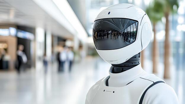 A robot standing in an airport with people around photo