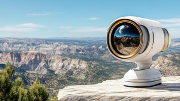 A camera with a lens on top of a mountain photo
