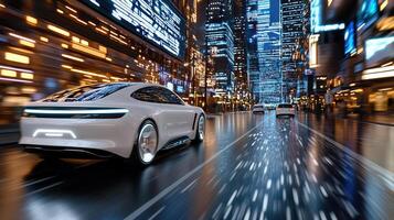 A white car driving down a city street at night photo