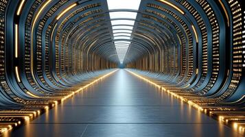 A long tunnel with many lights and a long hallway photo