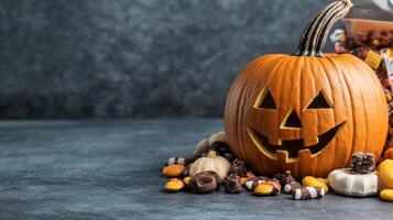 Halloween candy and pumpkin on a dark background photo