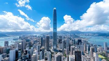 Hong kong skyline with skyscrapers and clouds photo