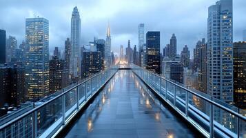 A walkway in front of a city skyline with tall buildings photo