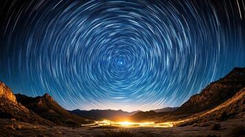 A star trail is seen in the sky above a mountain range photo