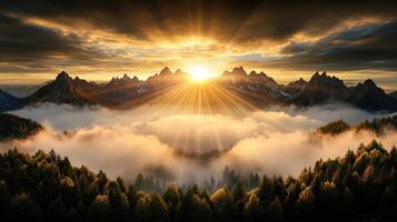 breathtaking sunset illuminates misty mountain range, creating serene atmosphere photo