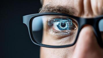 A man wearing glasses with an eye on the screen photo