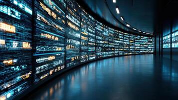 A long hallway with many screens showing different data photo
