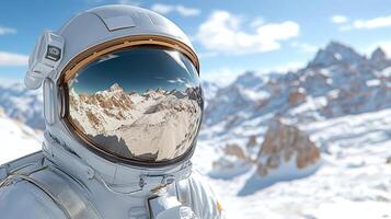 An astronaut in space suit standing in front of a snowy mountain photo