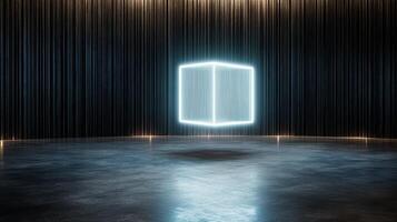 An empty room with a glowing cube in the middle photo