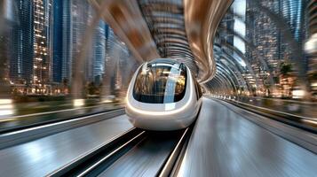 A train traveling through a city at night photo