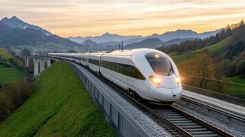 A high speed train traveling through the mountains photo