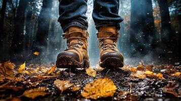 A person wearing boots in the woods photo