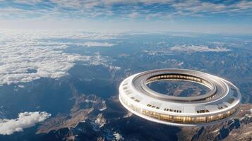A futuristic flying saucer is flying over the mountains photo