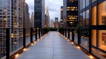 A walkway leads to a city skyline at dusk photo