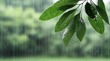 Rainy day with green leaves on the window photo