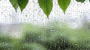 Raindrops on a window with green leaves photo