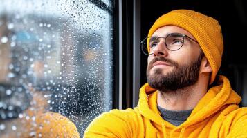 A man in a yellow hoodie and glasses looks out the window photo