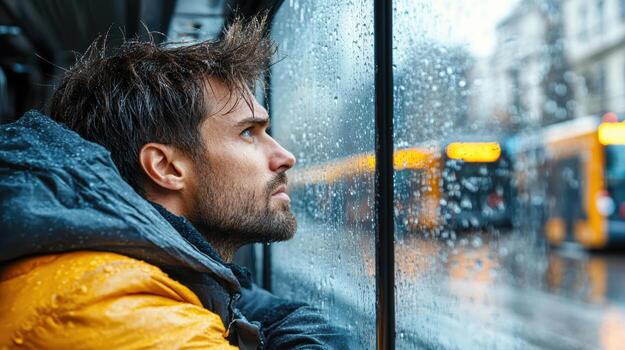 A man looking out the window of a bus photo