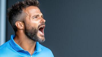 A man with a beard and a blue shirt is yelling photo