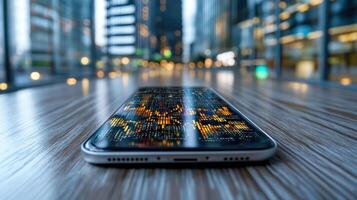 Smartphone with cityscape on screen photo