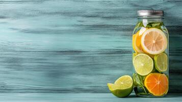 Citrus fruits and mint leaves in a glass bottle on a wooden table photo