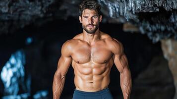 A shirtless man standing in front of a cave photo