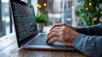 A man is typing on a laptop with code on it photo
