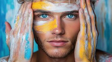 A man with painted face and blue eyes photo