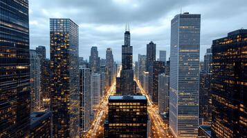 A city skyline with tall buildings and lights photo