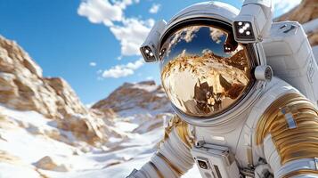 An astronaut in space suit on a mountain photo