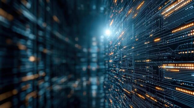 futurista digital paisaje con brillante circuitos y datos corrientes foto