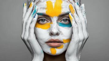 A woman with painted face and hands photo