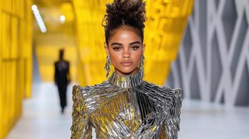 A model walks down the runway wearing a metallic dress photo