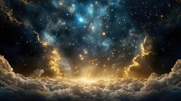 dreamy celestial scene with stars and clouds illuminated by golden light photo