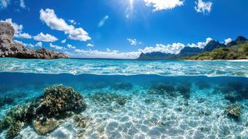 Breathtaking coral reef scene showcasing vibrant underwater life and clear skies photo