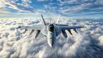 fighter jet soaring through clouds, showcasing aerial maneuverability and power photo