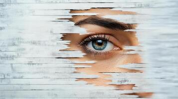 A woman's eye peeking through a hole in a wall photo