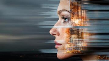 woman profile blended with cityscape, showcasing glitch effect photo