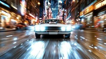 dynamic retro style car chase in vibrant city at night photo