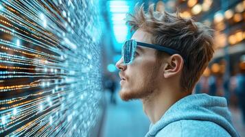 man wearing futuristic glasses gazes at digital data streams, immersed in technology photo