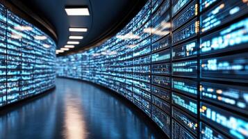 A long hallway with many screens and data photo