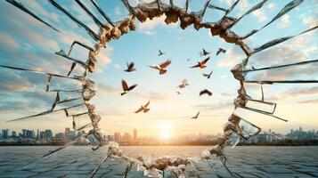 flock of birds flying out of shattered mirror, symbolizing freedom photo