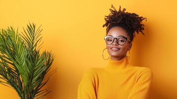 A beautiful young woman with glasses and an afro is posing in front of a yellow wall photo