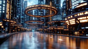 Futuristic city with futuristic buildings and traffic lights photo