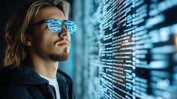 man with sunglasses reflecting code, immersed in technology and innovation photo