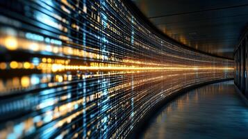 Futuristic data corridor with glowing lines and digital patterns photo
