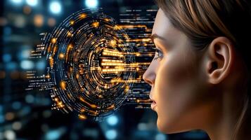 woman gazes thoughtfully as digital data streams surround her, symbolizing innovation photo