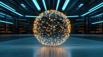 glowing sphere of interconnected lines and nodes in futuristic setting photo