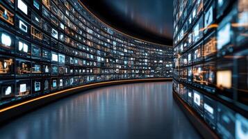 A tunnel with many screens showing different things photo
