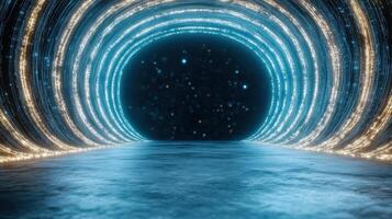 A tunnel with lights and a light at the end photo